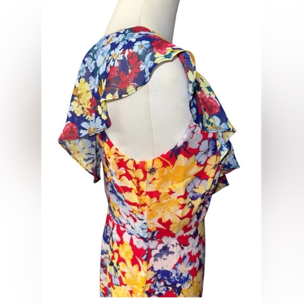 Lulus Radiant Ruby Red Floral Print Chiffon Maxi Dress sz Medium - Picture 11 of 15